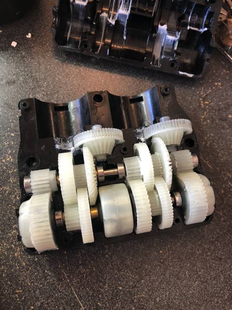 First process in a Tamiya modern is the gearbox. The powerful 540 gear actually provides the movement while the side 380 unit produces excess power to steer.