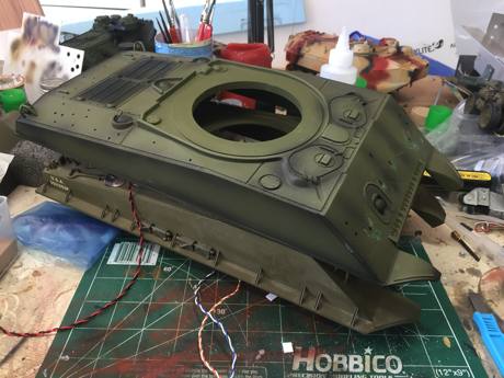 Insert one Heng Long VVSS M4A3 upper hull to scavenge the GAA engine deck.