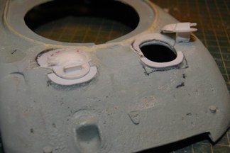 Nick Aquilar also provided me with some early hatches I can use so I begin the shaping portion of this build by cutting the appropriate holes and using styrene to build up the edge of the hatch ring where the direct vision hinges exist.